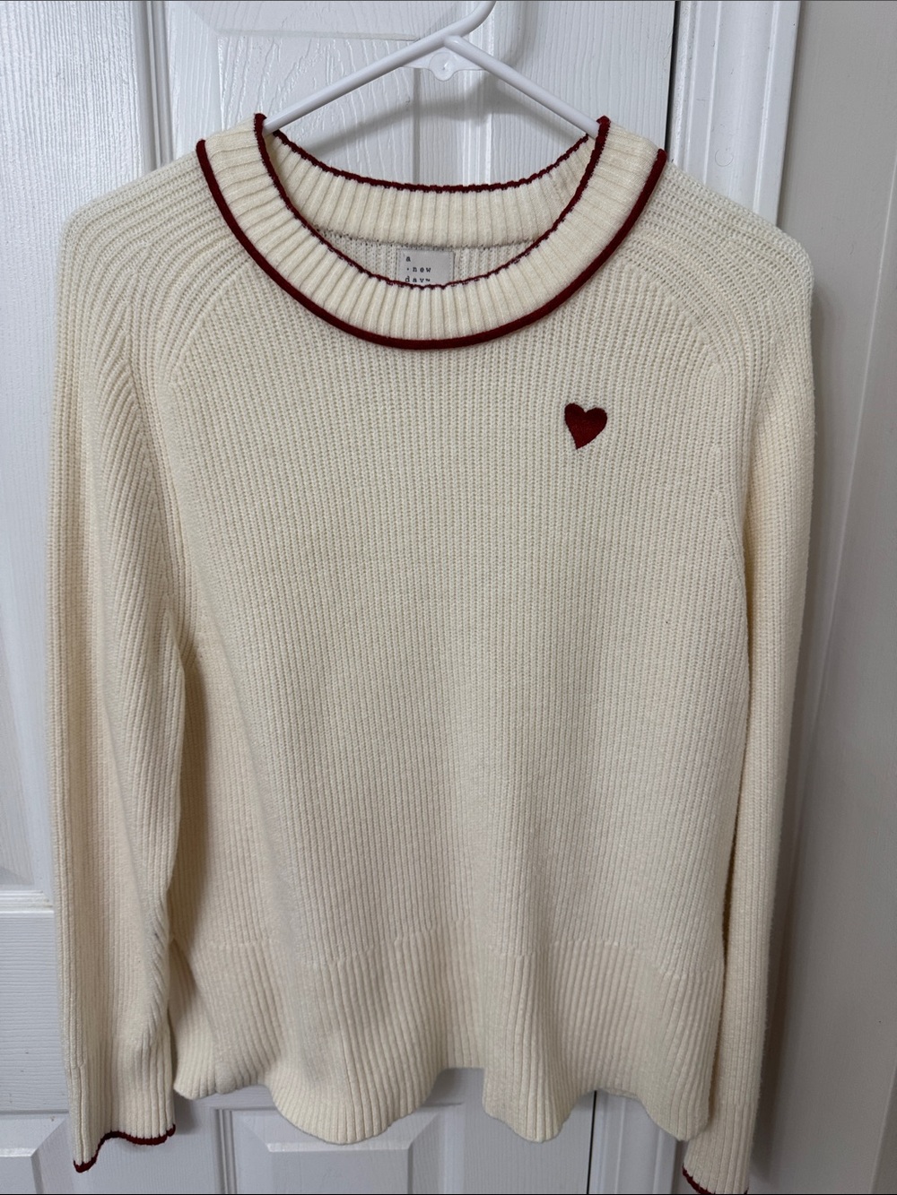 a new day Cream Crewneck Sweater with Red Heart and Trim